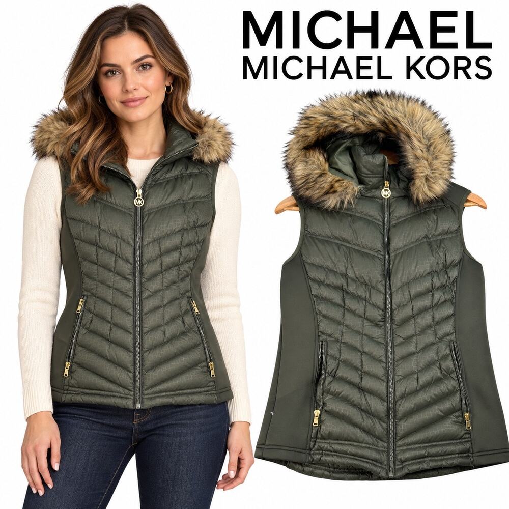 MICHAEL Michael Kors Women’s Medium Olive Down Puffer Vest Faux Fur Hood